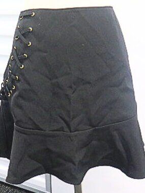Express Women's Size 14 Black Lace Up Mini Skirt Gold Eyelets Ruffle Hem